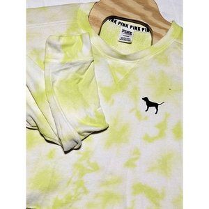 Pink Victoria's Secret Cropped Sweater Yellow Tie dye Size M‎ Terry Lined cutoff